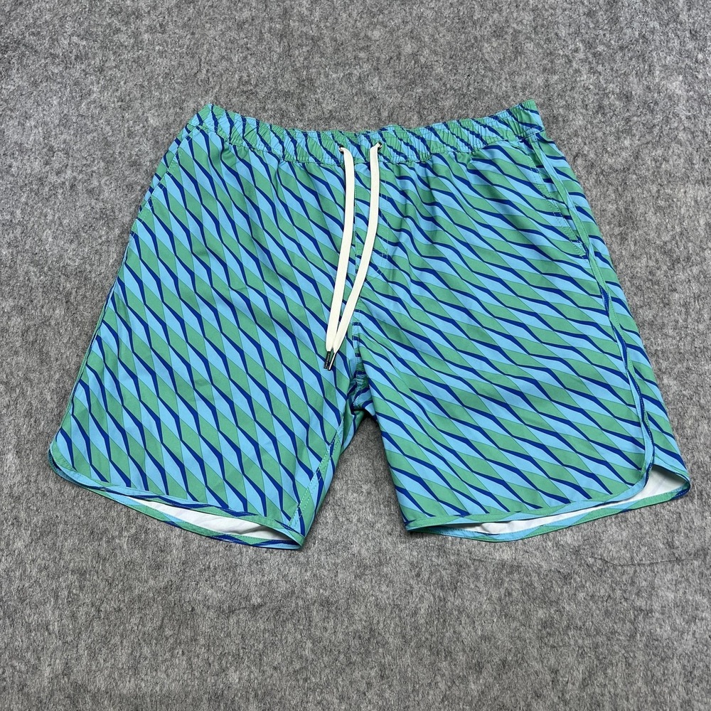 Fair Harbor Swim Trunks Mens 2XL Blue Green Geo Drawstring Lined Pockets Shorts